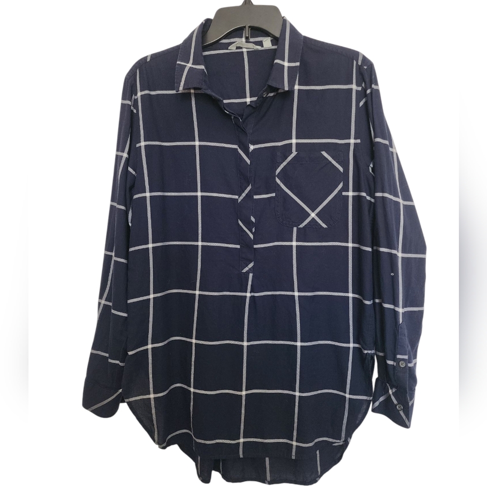 Athleta Size Medium Presidio Blue Plaid Collar Button Long Sleeve Tunic Top